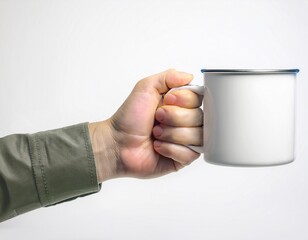 mockup de una mano masculina sosteniendo una taza metálica vintage blanca sobre un fondo blanco claro. – Alta calidad