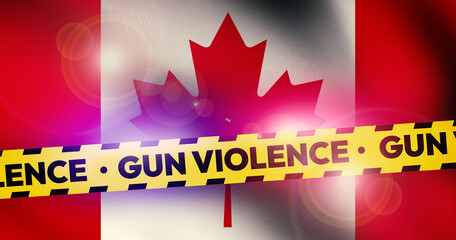 Gun violence written on the yellow warning tape with police lights and waving flag of Canada in the backdrop