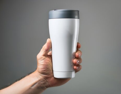 mockup de una mano masculina sosteniendo una taza met&aacute;lica vintage blanca sobre un fondo blanco claro. &ndash; Alta calidad