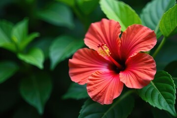 Bold tropical hibiscus, lush green leaves, vibrant color explosion, vivid, tropical