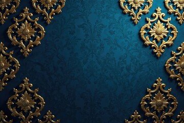 Classic damask wallpaper, rich gold on deep blue , background, blue
