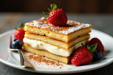 Classic Italian dessert; layers of coffee-soaked ladyfingers, mascarpone cream , white background, treat