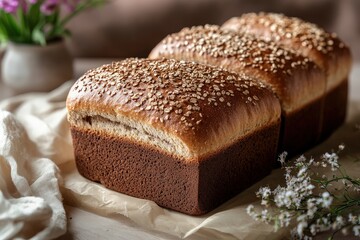 Two loaves of freshly baked bread topped with seeds