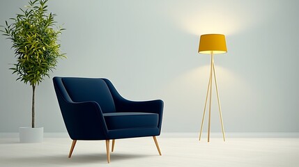 Fototapeta premium Minimalist interior with blue chair, potted plant, and lamp against a neutral wall