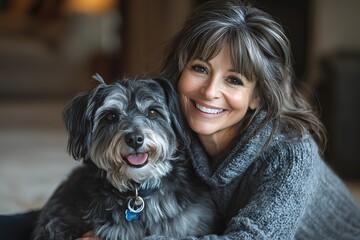 Woman enjoys cozy moment with her dog on the floor at home in warm light. Generative AI