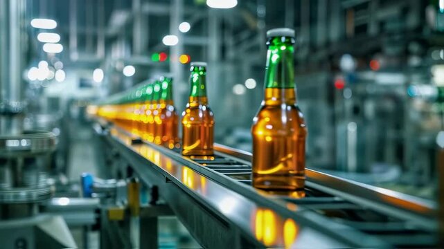 Beer bottles moving on conveyor belt in brewery plant. Alcoholic beverage production line motion footage. Factory manufacturing beer brewery industry clip. Seamless loop purpose.