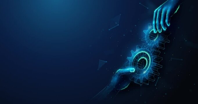 Two Lowpoly Hands Approaching Spinning Gears Abstract Seamless Animation. Synergy partnership, business teamwork and cooperation looped animated concept by wireframe mesh on blue background