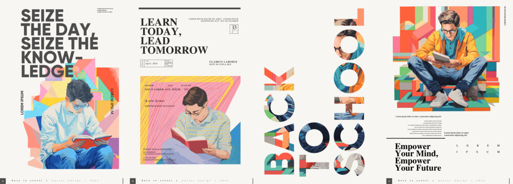 Back to School. First day of school. Set of vector illustrations. People are reading a book. Typography poster design and vectorized watercolor illustrations on a background.