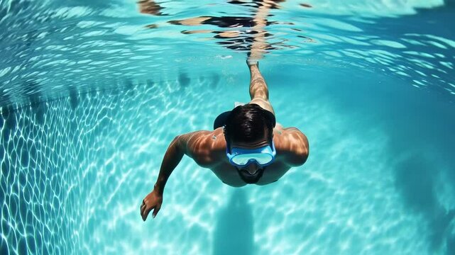 A swimmer glides effortlessly through the clear blue water of a swimming pool, showcasing skills and technique. The sunlit atmosphere enhances the refreshing experience of swimming.