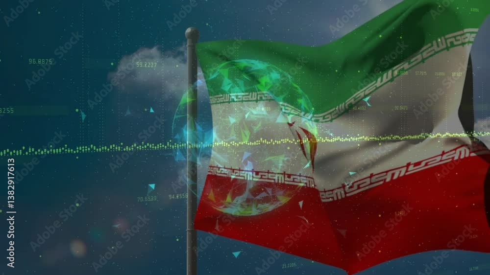 Poster iranian flag waving with digital data and globe animation overlay