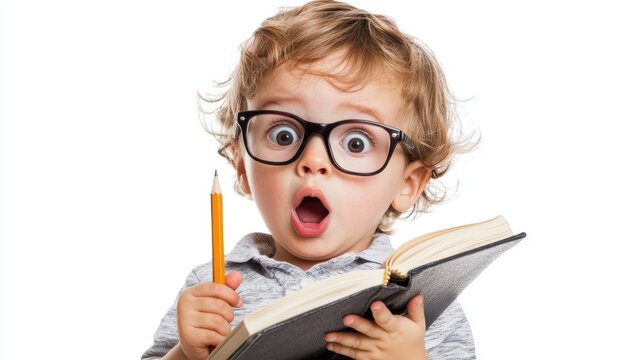 Naklejki A cute Caucasian child, surprised and wearing glasses, holding a book and pencil, isolated on a white background.