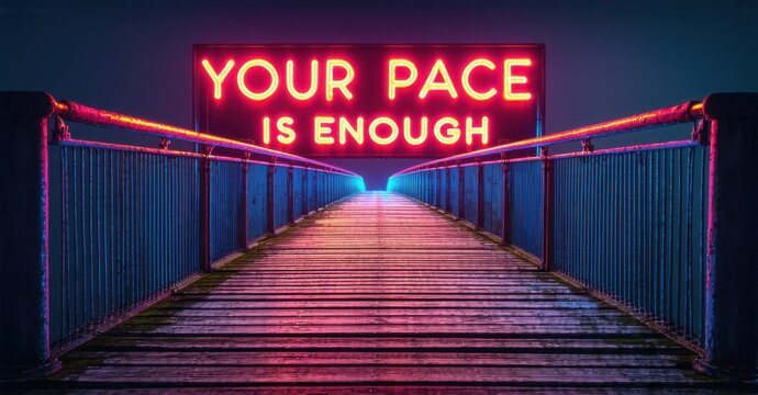 Naklejki Red and blue neon your pace is enough in bold letters above old footbridge with wooden planks and distant echoing footsteps