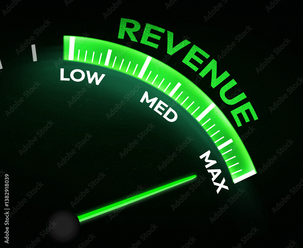 Poster maximum revenue generation representing with speedometer glowing in green, business backdrop. financ