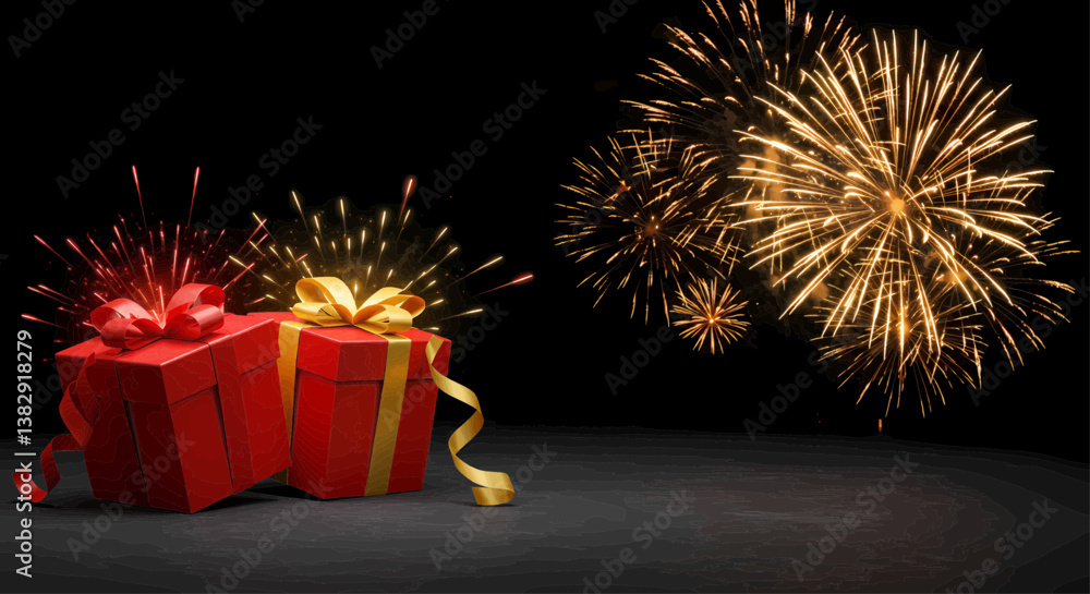 Poster a simple image showing fireworks with two cardboard gift boxes painted dark red. the box on the left