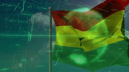 Waving Ghanaian flag with digital data processing animation overlay in background - Powered by Adobe