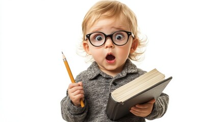 A cute Caucasian child, surprised and wearing glasses, holding a book and pencil, isolated on a white background.