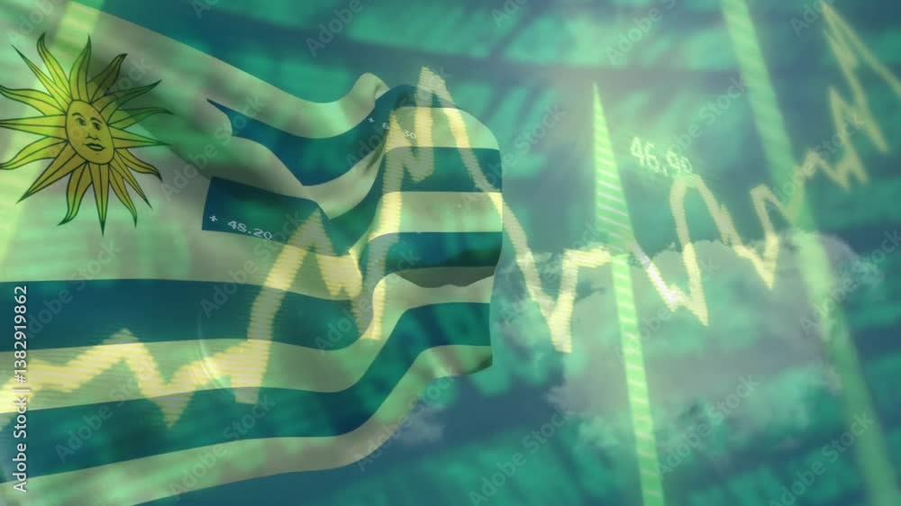 Poster Uruguay flag waving over fluctuating financial graph and data animation