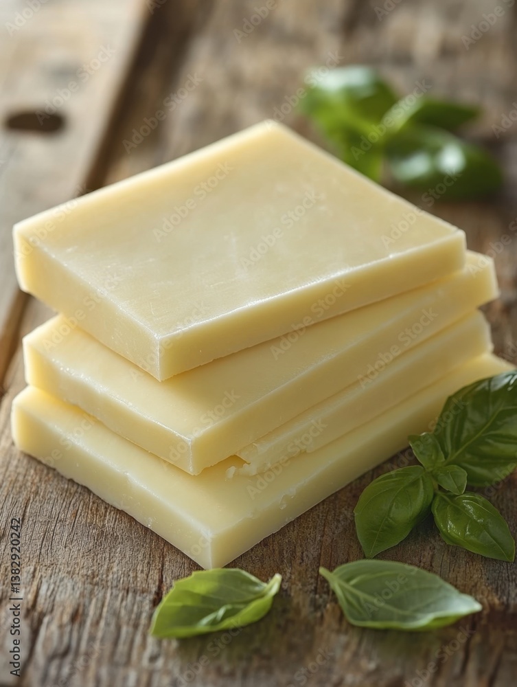 Poster rustic charm stack of square cheese slices with fresh basil leaves on weathered wooden surface close