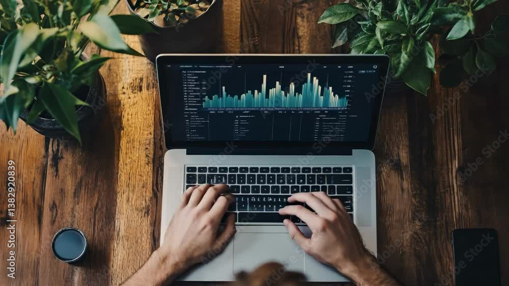 Poster individual engages in data analysis on a laptop with various charts displayed, while sitting at a wo