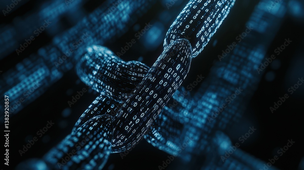 Poster A dark background featuring a futuristic binary code link chain, symbolizing advanced technology and data connectivity.