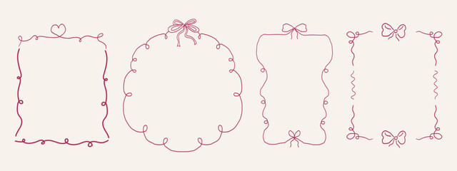 Whimsical coquette ribbon frame, hand drawn line ornament, border y2k romantic retro design element. Wavy curved vintage decor.
