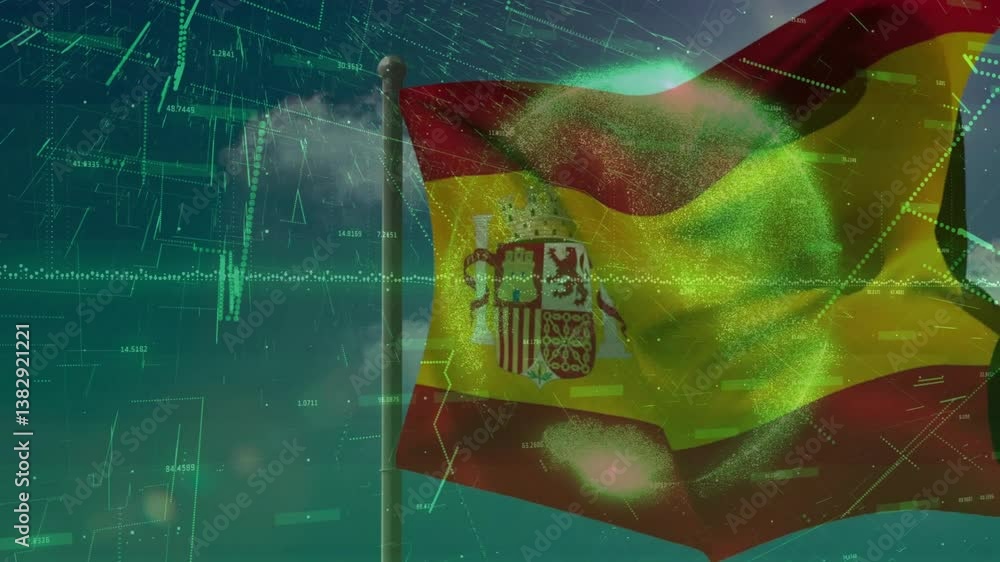 Poster waving spanish flag with digital data processing animation overlaying in background
