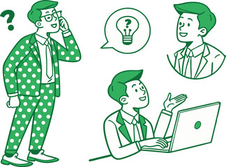 Vector illustration of business people, including a businessman with laptop, a woman, and a team, working in the office