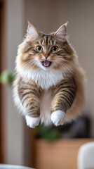 Plakat Playful Siberian Cat Leaping Mid Air with Mouth Open Showing Teeth and Tongue in a Vertical Shot with Soft Background