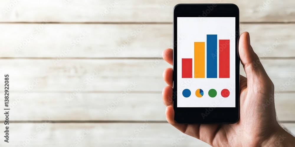 Poster marketing metrics engagement automation concept. hand holding smartphone displaying colorful bar gra