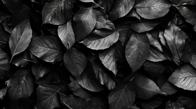 Close-Up Black and White Photograph of Autumn Fallen Leaves on Dark Background Showcasing Natural Textures and Seasonal Details for Moody Nature-Inspired Backdrops and Artistic Design Projects
