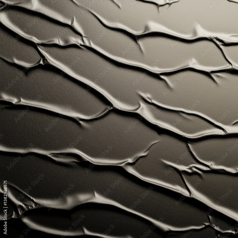 Poster close-up of dark metallic crumpled foil texture with wavy creases and ridges creating unique pattern