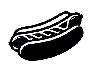 Black and White Hot Dog Silhouette with Mustard. A bold and simple black and white illustration of a hot dog with mustard, representing fast food and casual dining.