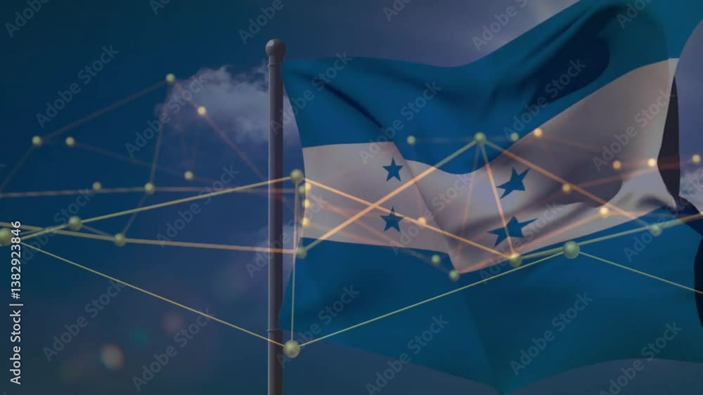 Poster honduras flag waving with network of connections and data processing animation