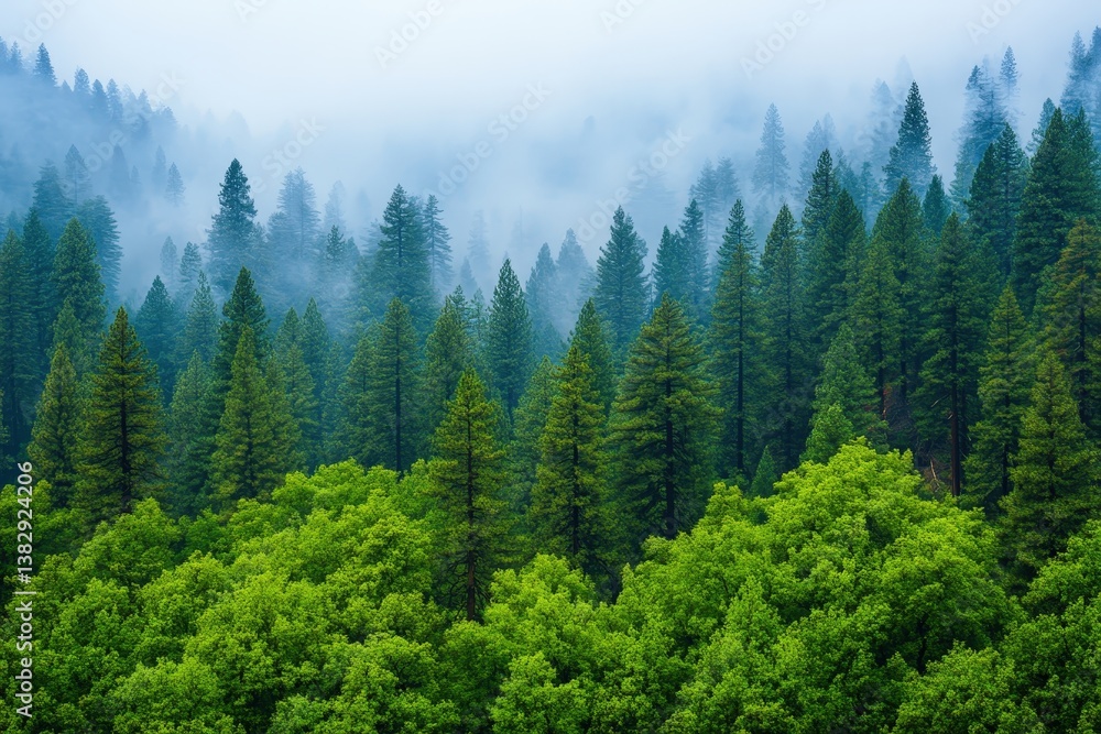 Poster a misty forest scene featuring tall evergreen trees and lush greenery, creating a serene and tranqui