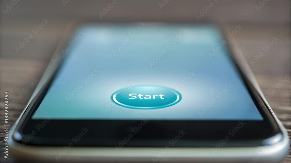 Poster modern smartphone technology features prominent start button its screen, inviting users to push and 