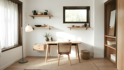 Stylish Japandi home office with natural wood furniture, minimalist decor, and warm lighting. A serene, clutter-free workspace blending Scandinavian and Japanese aesthetics for a cozy yet modern feel