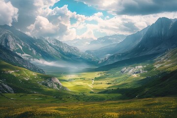Stunning mountain valley with lush greenery and dramatic clouds under a vibrant sky at midday