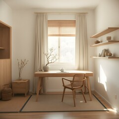 Stylish Japandi home office with natural wood furniture, minimalist decor, and warm lighting. A serene, clutter-free workspace blending Scandinavian and Japanese aesthetics for a cozy yet modern feel