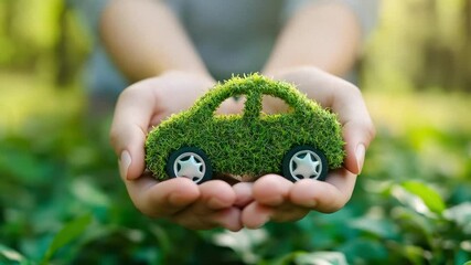 Individuals hold a model car crafted from grass, symbolizing the importance of eco-friendly transportation. This highlights a commitment to sustainability and environmental awareness.