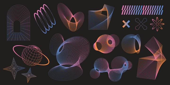 Collection of abstract geometric wireframe shapes. Colorful modern brutal forms and figures on black background. Y2k design aesthetic. Decorative design elements. Vector illustration.
