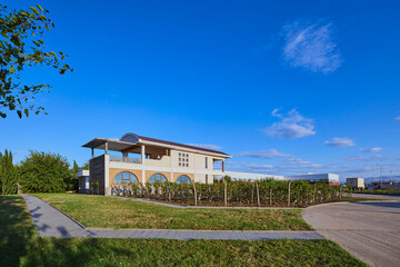 Obraz premium Contemporary Architectural Design: A Stunning Building Surrounded by Lush Greenery and Clear Blue Skies, Perfectly Blending Nature with Modern Living Spaces