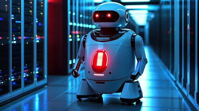 White robot patrolling a modern server room, ensuring robust cybersecurity and maintaining efficient operations within the network infrastructure of a cutting edge data center