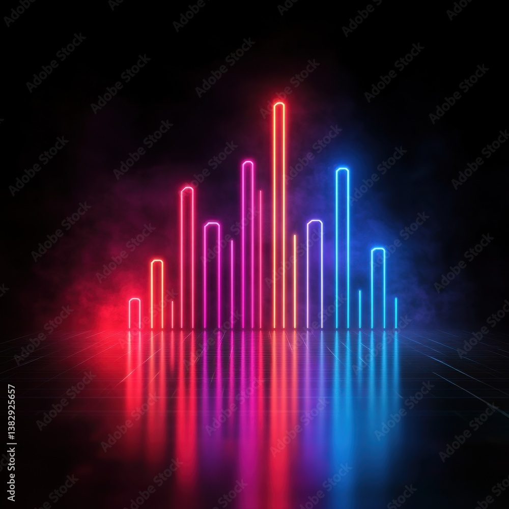 Poster vibrant neon spectrum display with reflective surface and atmospheric smoke in a dark futuristic sce