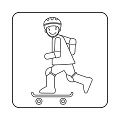 Boy on skateboard with helmet in side view – minimalist outline illustration for coloring pages, safety education, school printables, sports worksheets or visual resources on balance and movement