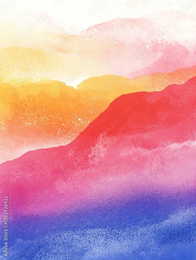 Poster abstract watercolor painting of mountainous landscape with vibrant color gradients and textured surf