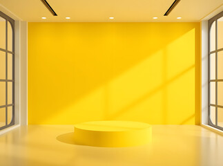 A sunny and minimalist studio space with a yellow pedestal, ideal for product showcases.