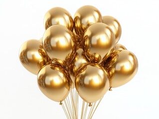 Elegant Golden Balloons Floating on White Background Celebration Festive Party Decoration Anniversary Joyful Shiny Metallic Balloons Rendered in High Resolution
