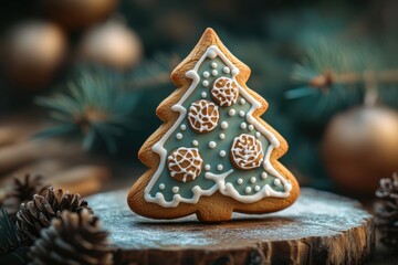 Festive Christmas Tree Cookie on Rustic Wood Slice with Pinecones and Golden Ornaments Holiday Baking
