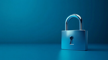 This image shows a shiny blue padlock on a solid blue background representing security and protection. AI generative