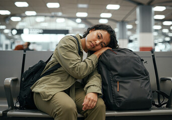 Young woman resting her head on her backpack while waiting for her flight in an airport terminal